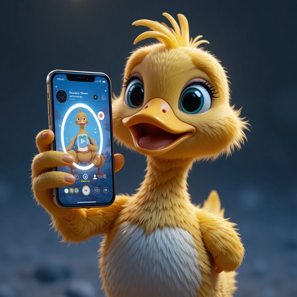 Süße Ente macht ein Selfie mit einem Smartphone