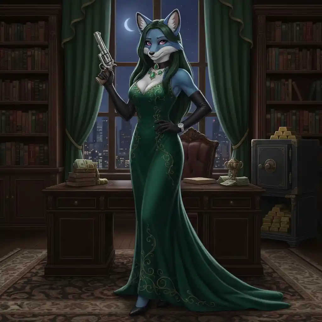 Elegant blue fox mafia leader in emerald choker