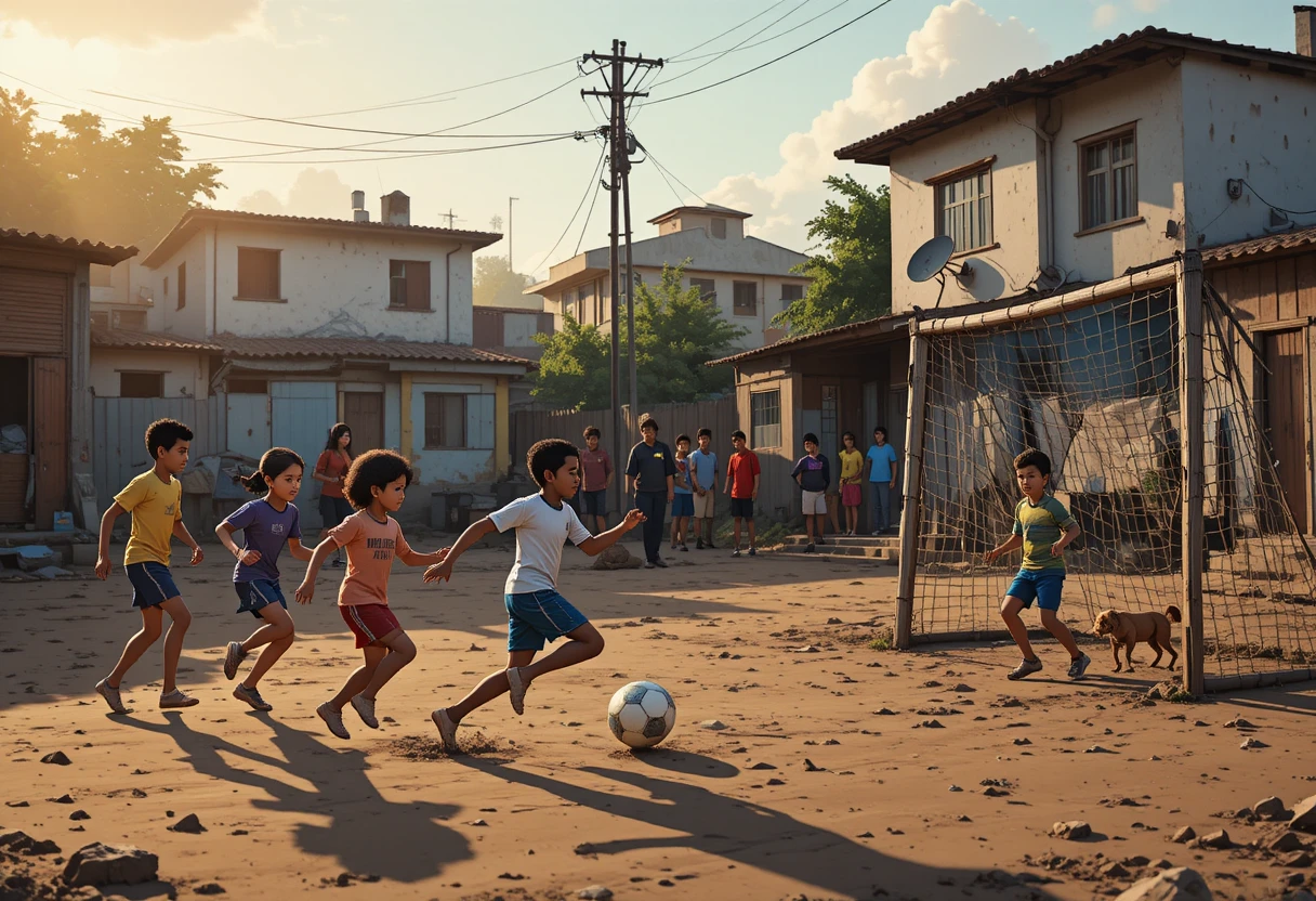 Des enfants jouent au football sur un terrain boueux au coucher du soleil