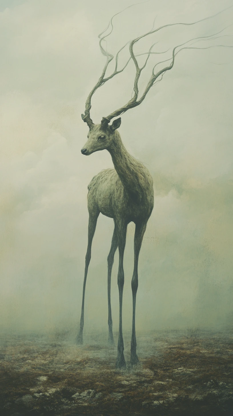 Cervo surreal com pernas alongadas em uma paisagem silenciosa e vazia