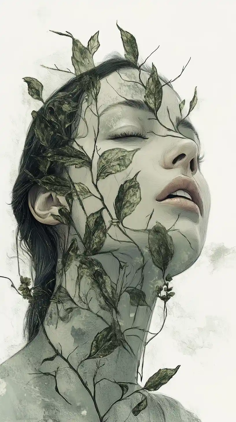 Ritratto pittorico di una donna con forme botaniche in dissolvenza