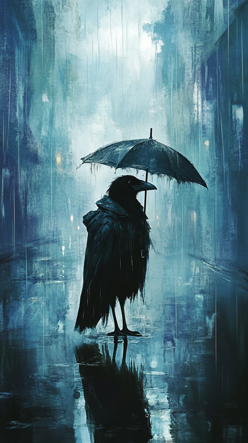 Corbeau en imperméable en lambeaux dans une rue sombre de ville inondée