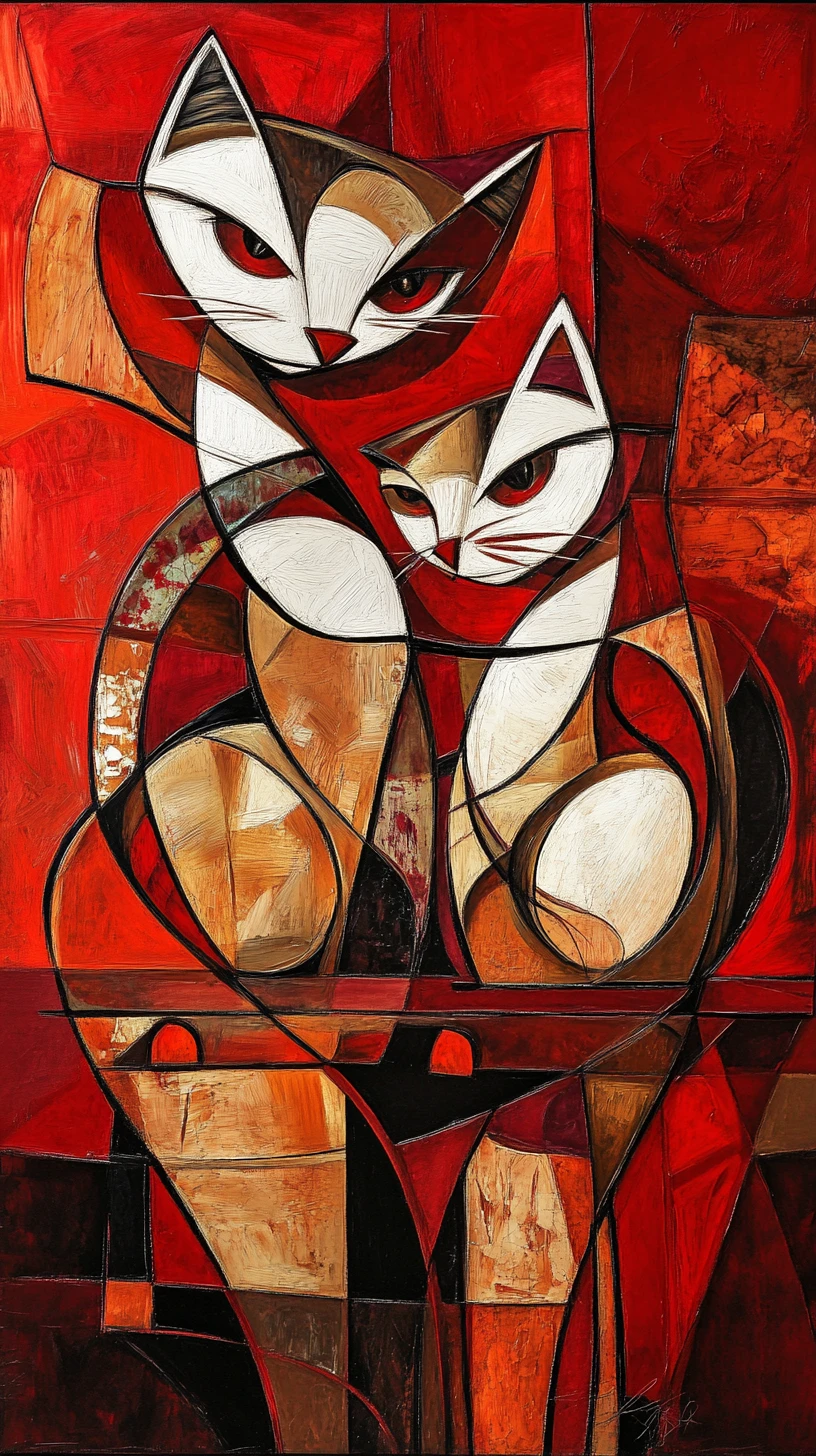 Chats cubistes abstraits aux formes fluides et entremêlées