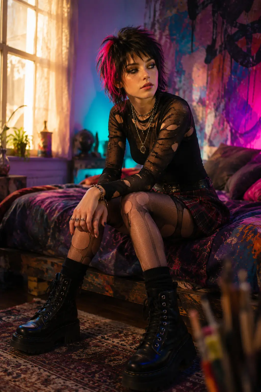 Punk kid resting beside a colorful urban wall