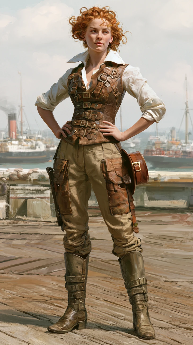 Femme victorienne aventureuse dans un port en tenue steampunk