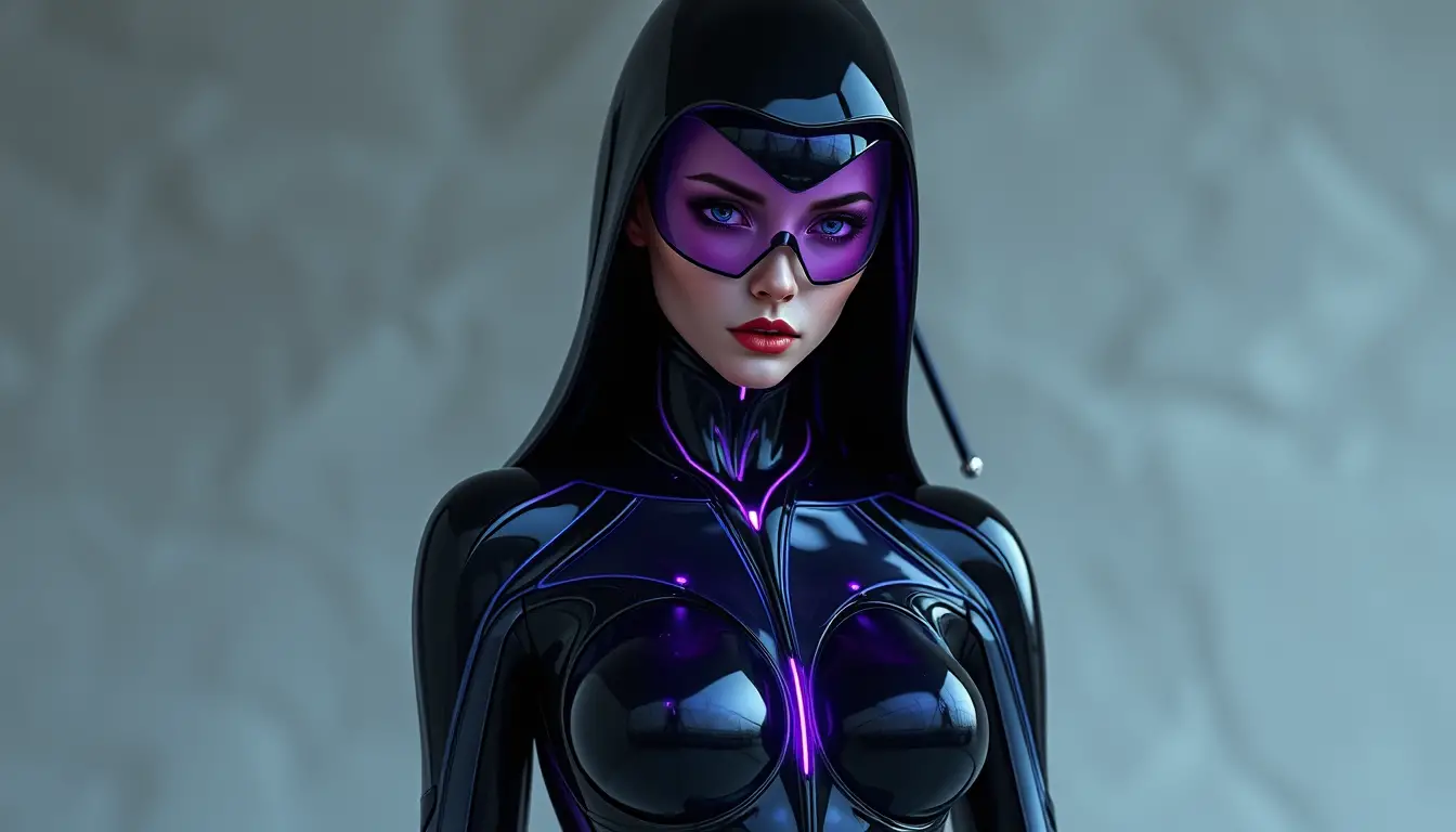 Agent féminine futuriste en combinaison furtive de latex vivant