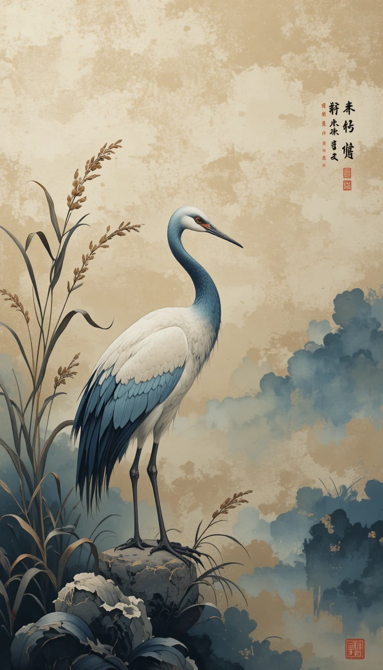 Grou elegante em uma pintura de paisagem chinesa enevoada