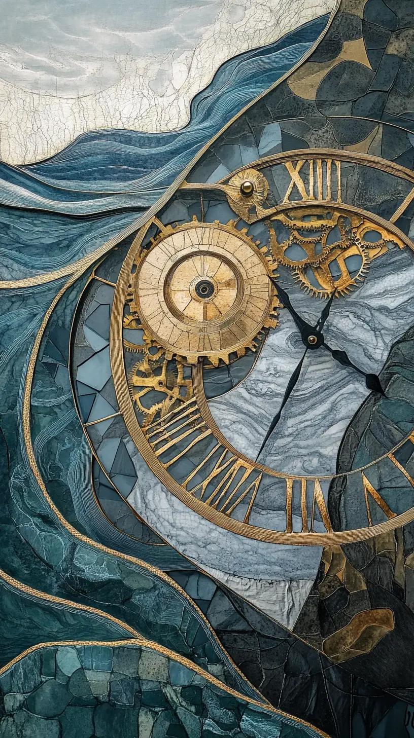 Konzeptuelle Uhr der geschichteten Zeit mit fließendem Fluss