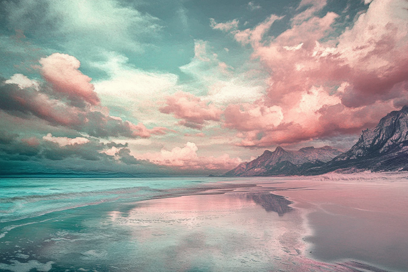 Plage sereine et surréaliste aux tons pastel et métalliques