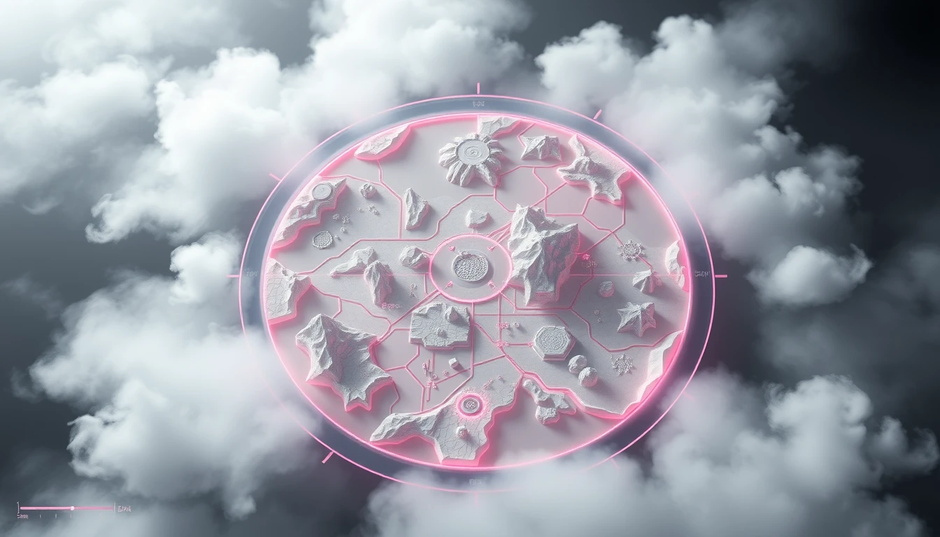 Minimappa circolare fantasy minimal con interfaccia sci‑fi avvolta nella foschia