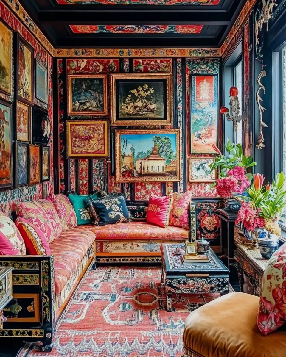 Verspieltes Chinoiserie-Interior mit funky, bunt gestalteter Deko