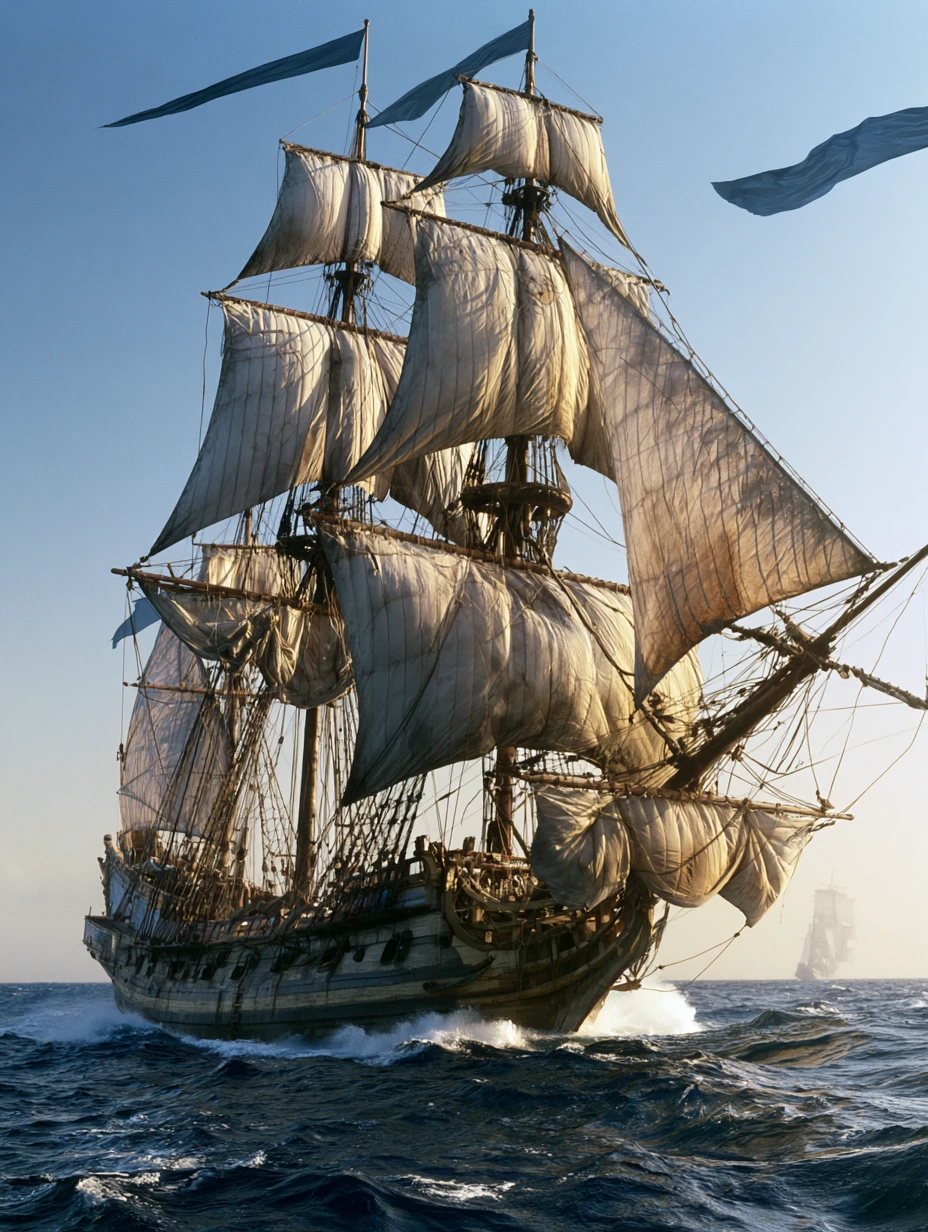 Navio à vela de três mastros enfrentando o vento do Caribe