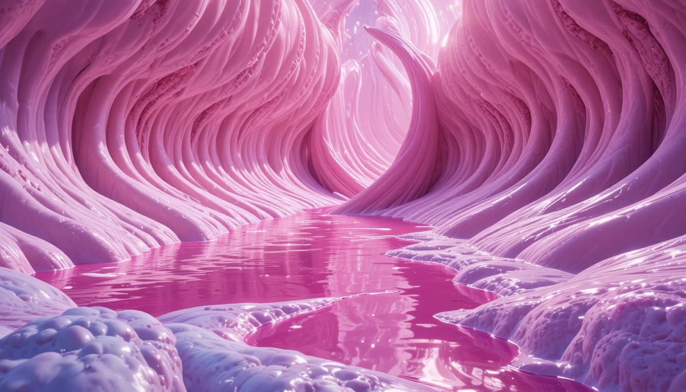 Paesaggio fantastico surreale in lattice con morbida acqua rosa