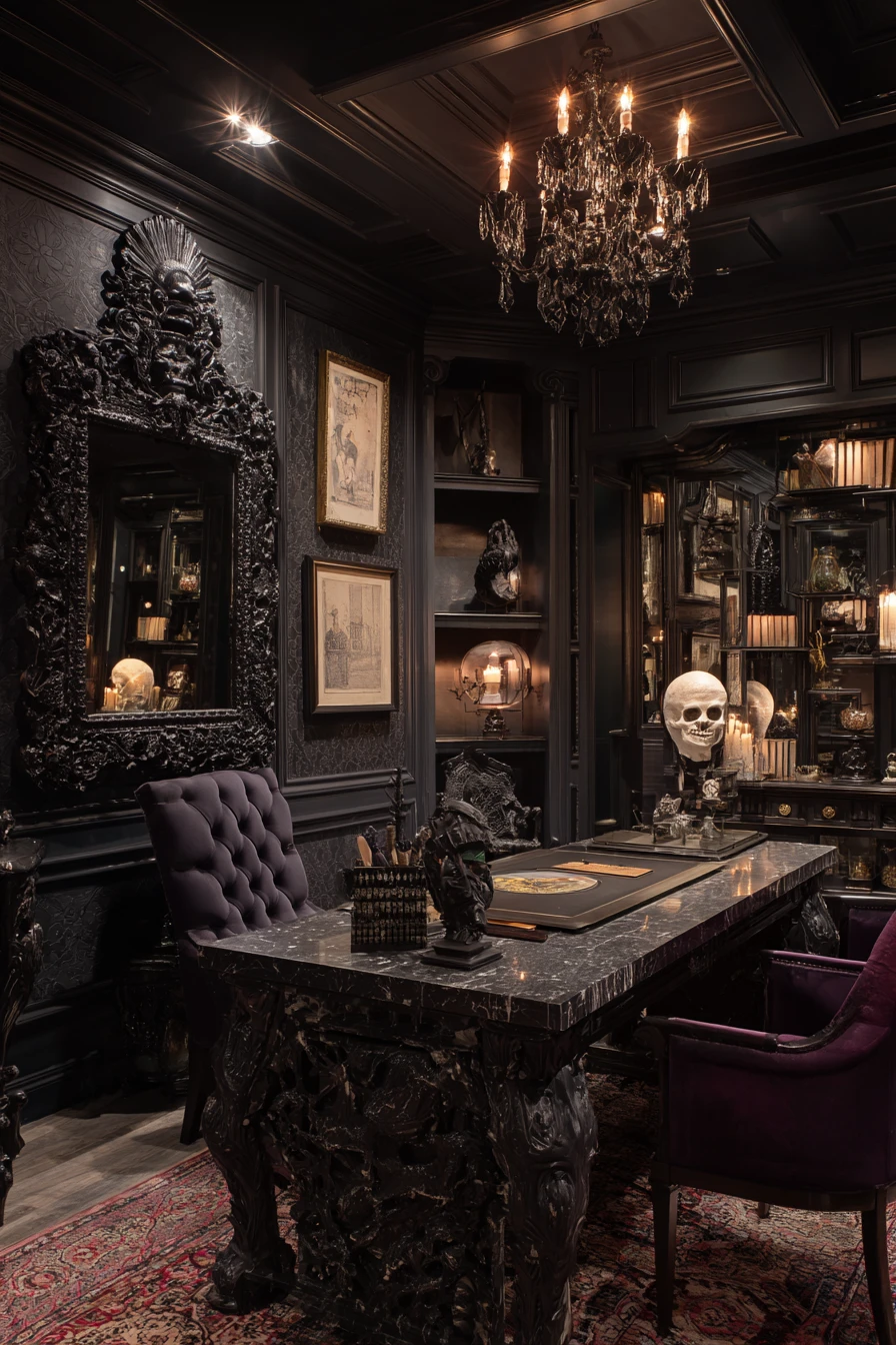 Dark whimsical voodoo palace interior with elegant design shapes