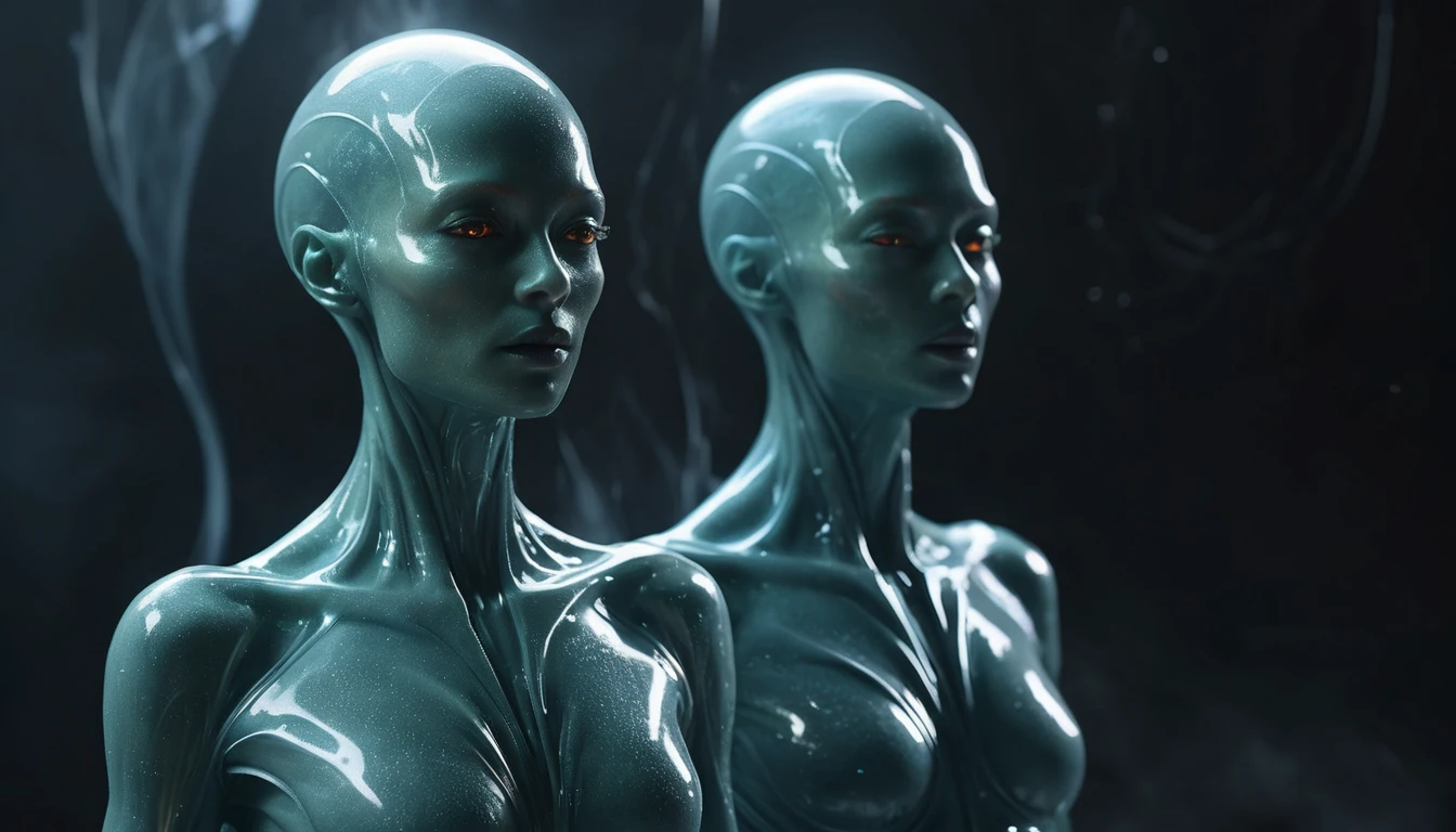 Humanoide etéreo de látex se dissolvendo em vapor luminoso