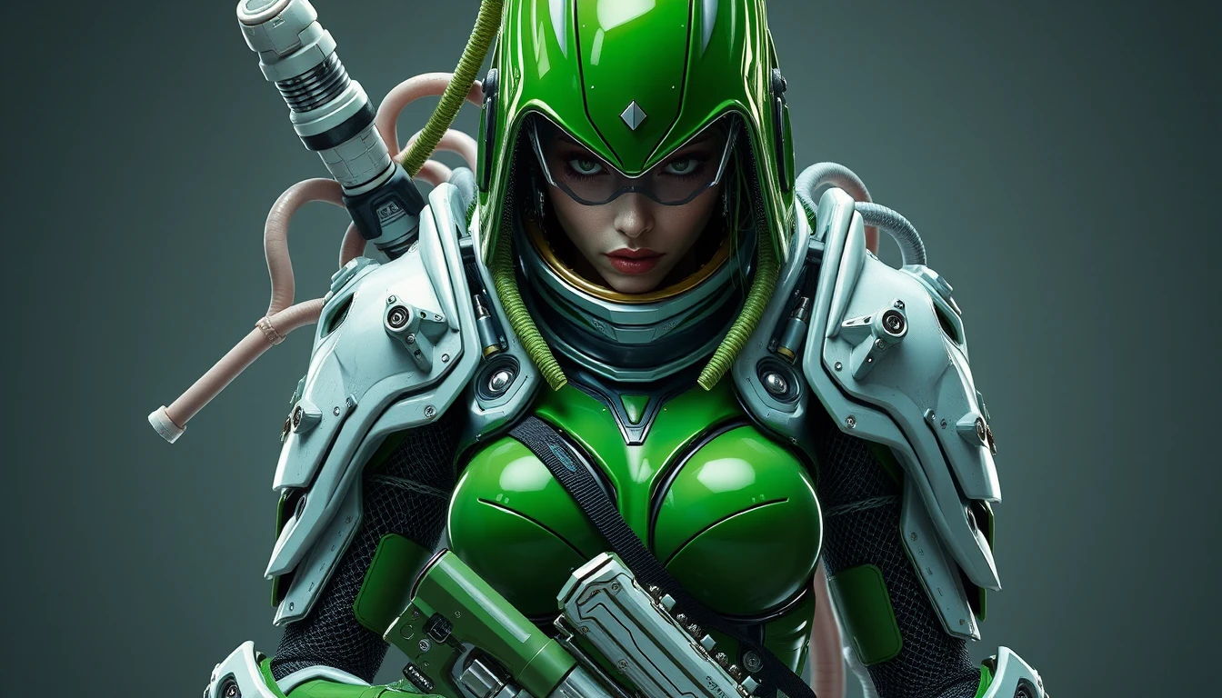 Soldato futuristico in lattice verde con armatura sci‑fi organica