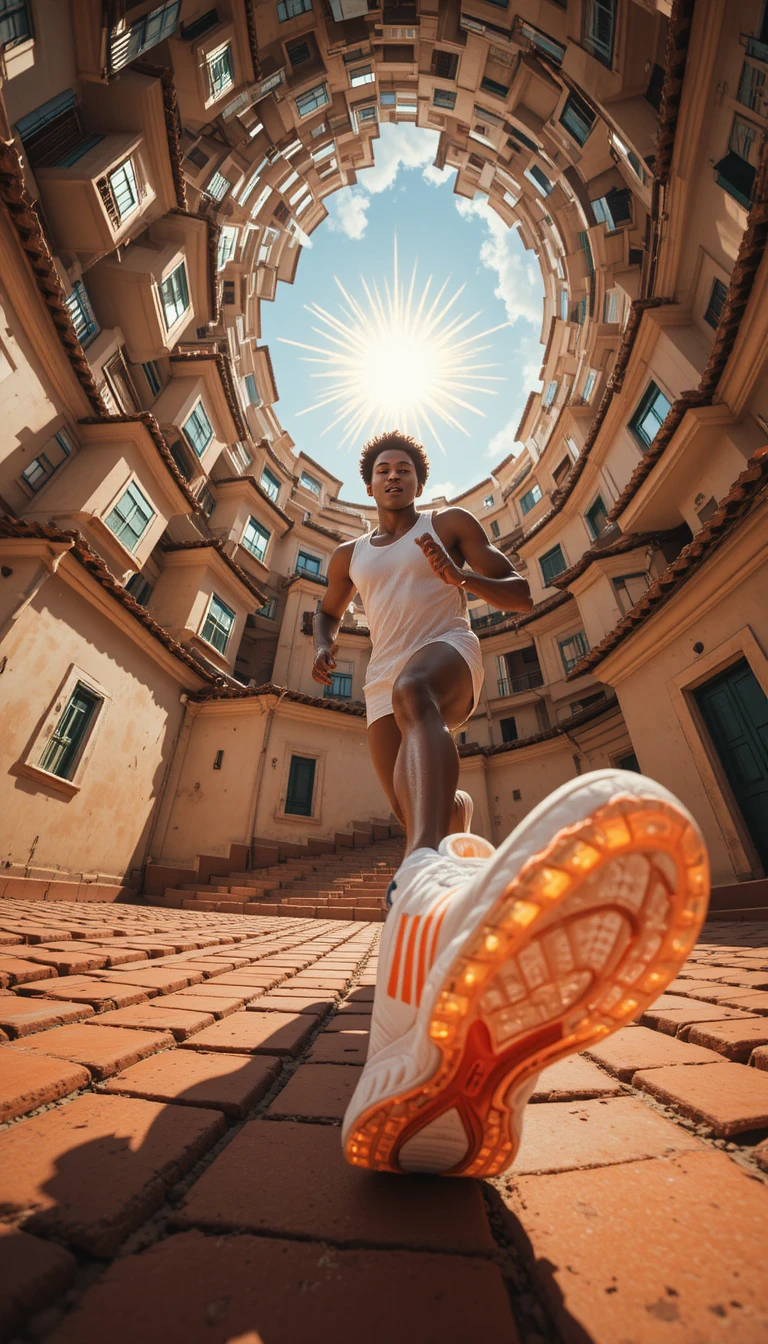 Coureur brésilien sprintant sur des toits méditerranéens baignés de soleil