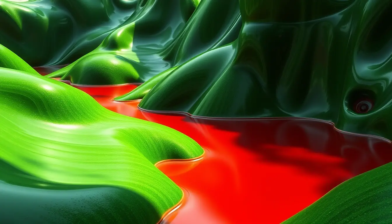 Abstrakte grüne Latex-Landschaft mit surrealer roter Flüssigkeit
