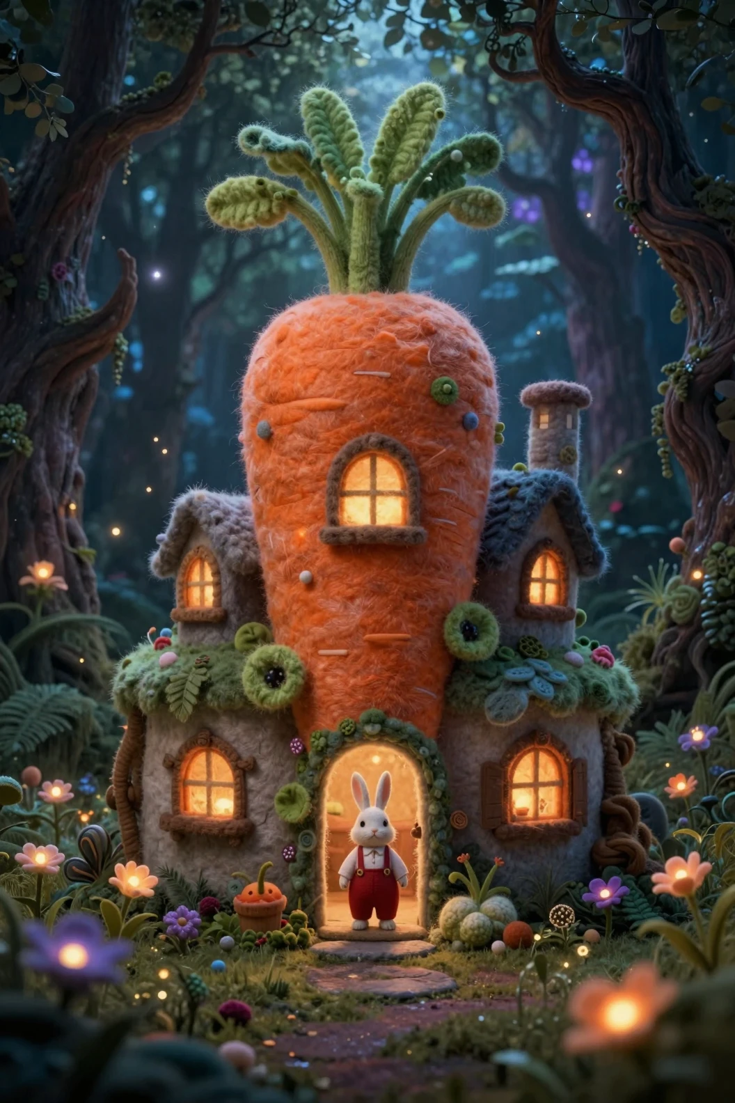 Casa de cenoura fantasiosa em uma floresta encantada ao crepúsculo