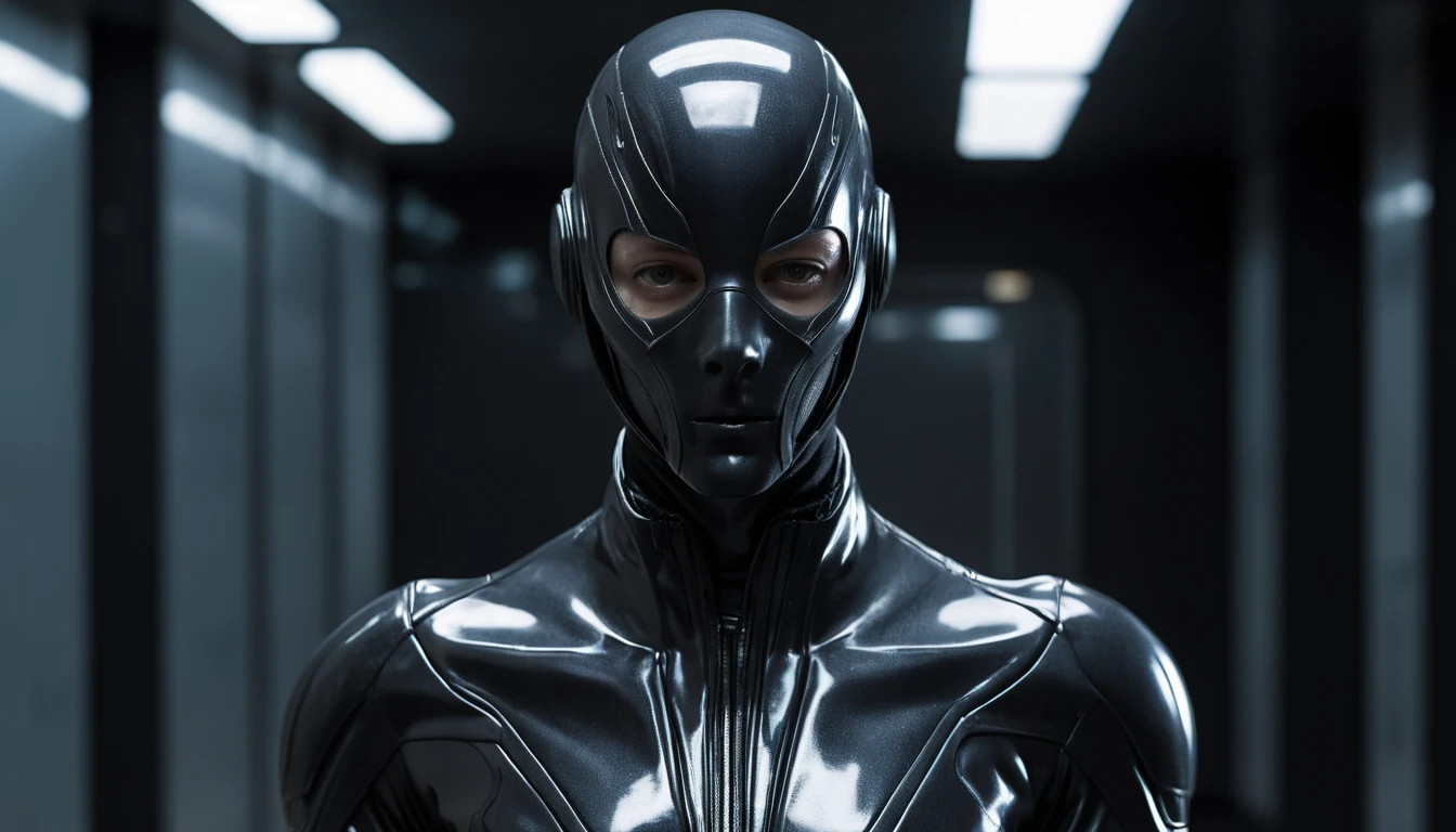 Agente Futurista de Látex em Traje Furtivo Biomórfico Brilhante