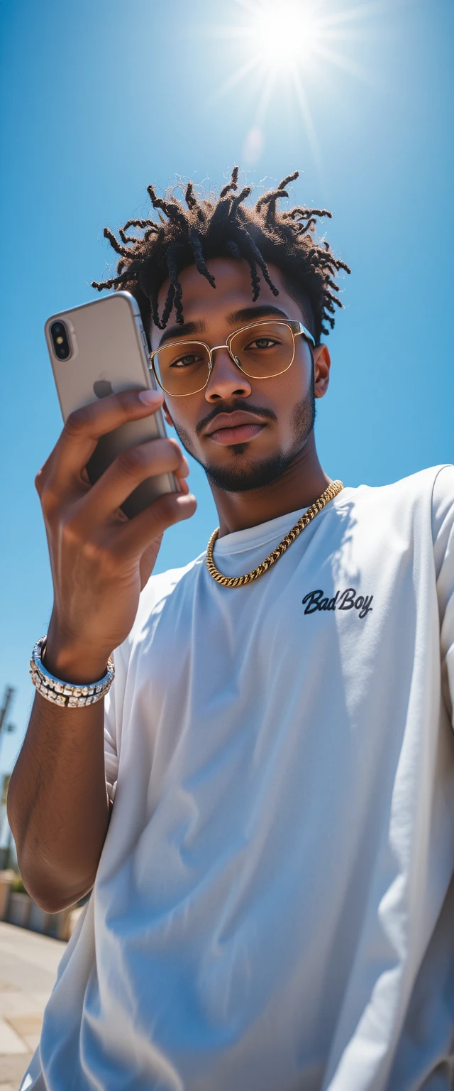明るいY2K風の屋外シーンでスマートフォンを持つスタイリッシュな男性