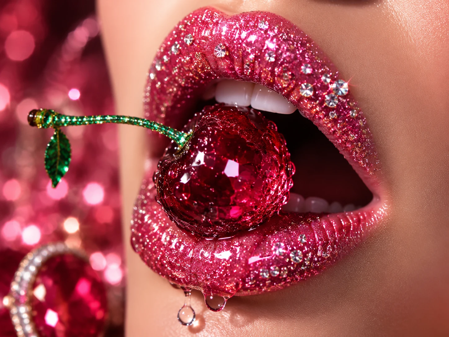 Wet cherry between glittering ruby lips close up