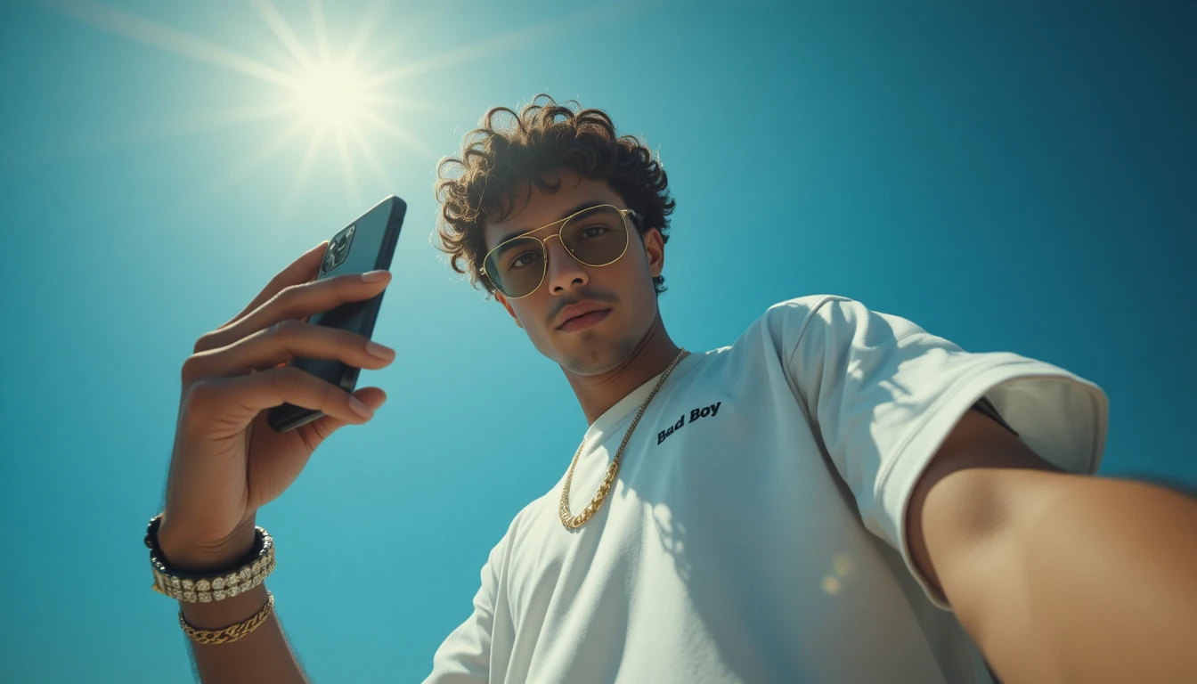 Stylish man holding smartphone in bright urban sunlight