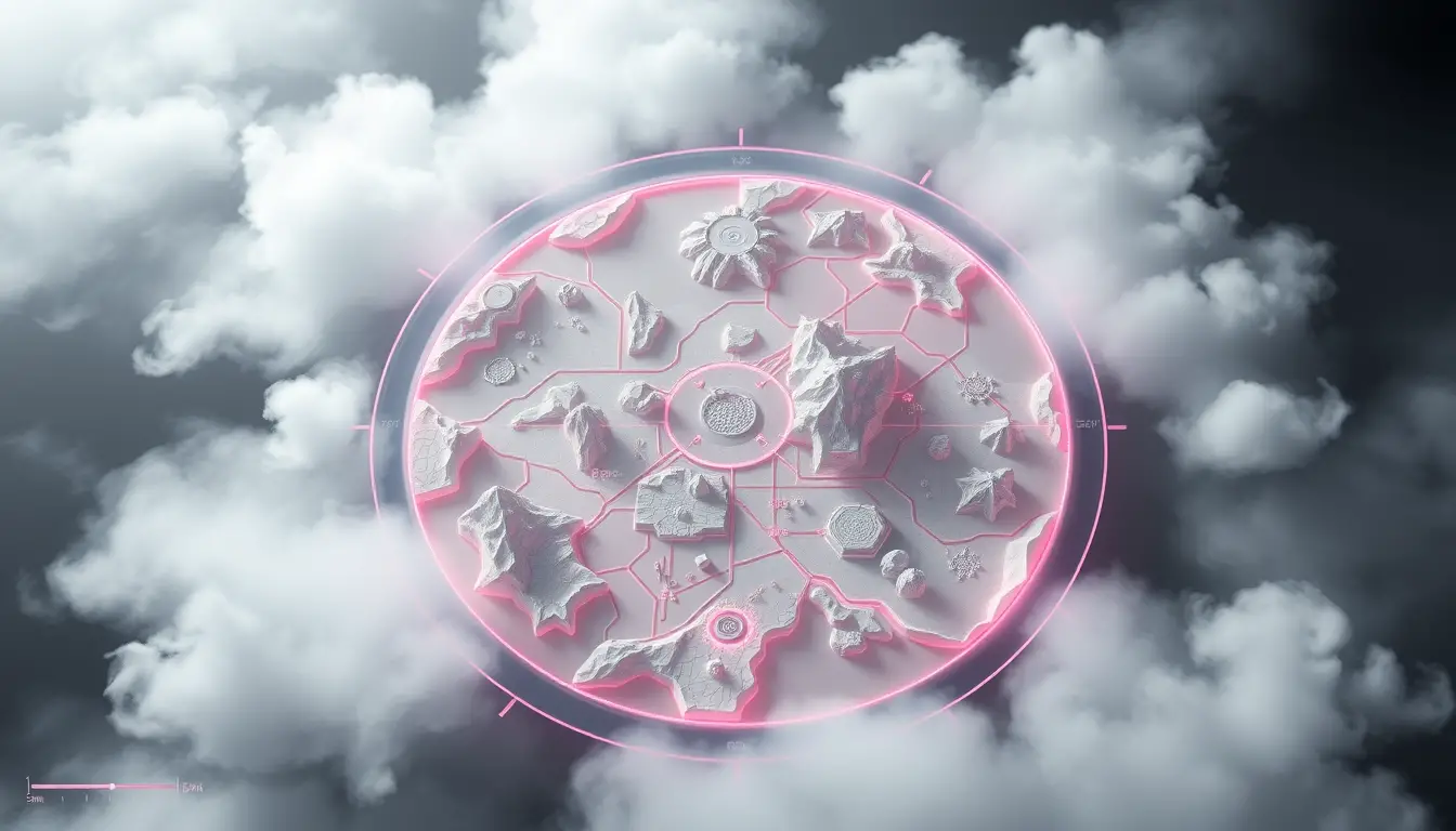 Minimal circular fantasy minimap with misty sci fi interface