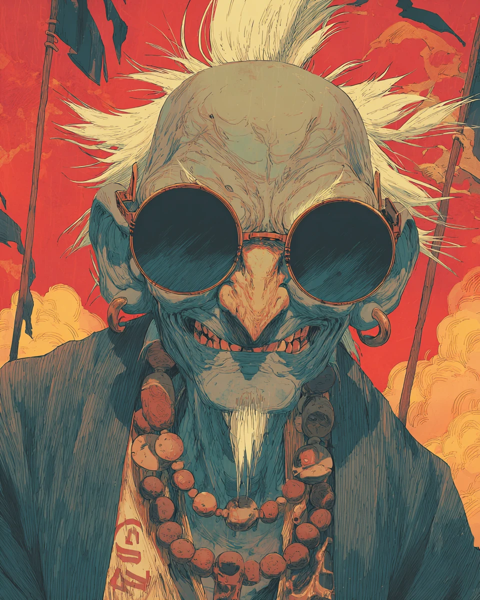 Ancião esquálido em close de anime com contas de caveira e kanji