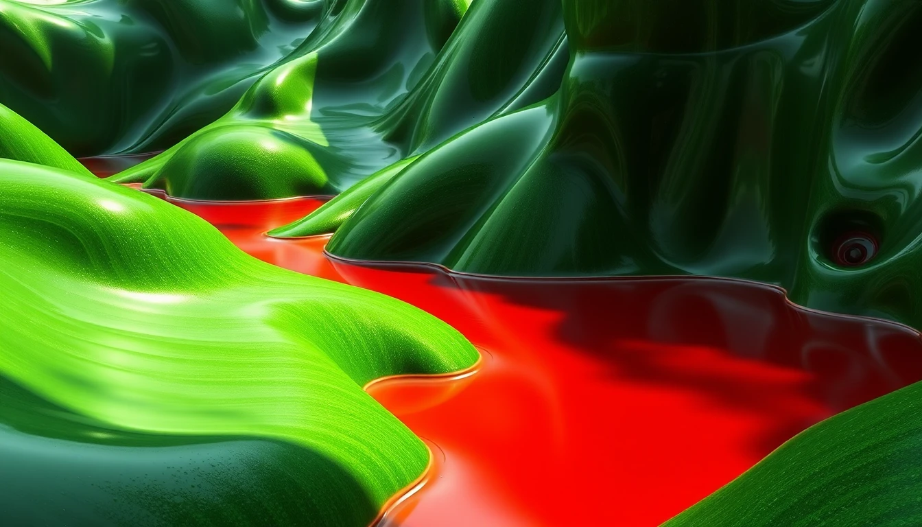 Paesaggio astratto in lattice verde con liquido rosso surreale