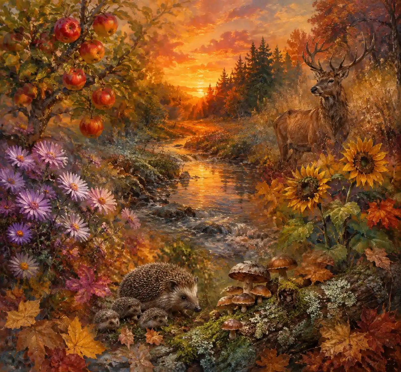 Herbstwald-Moodboard mit impressionistischem Bach im Sonnenuntergang