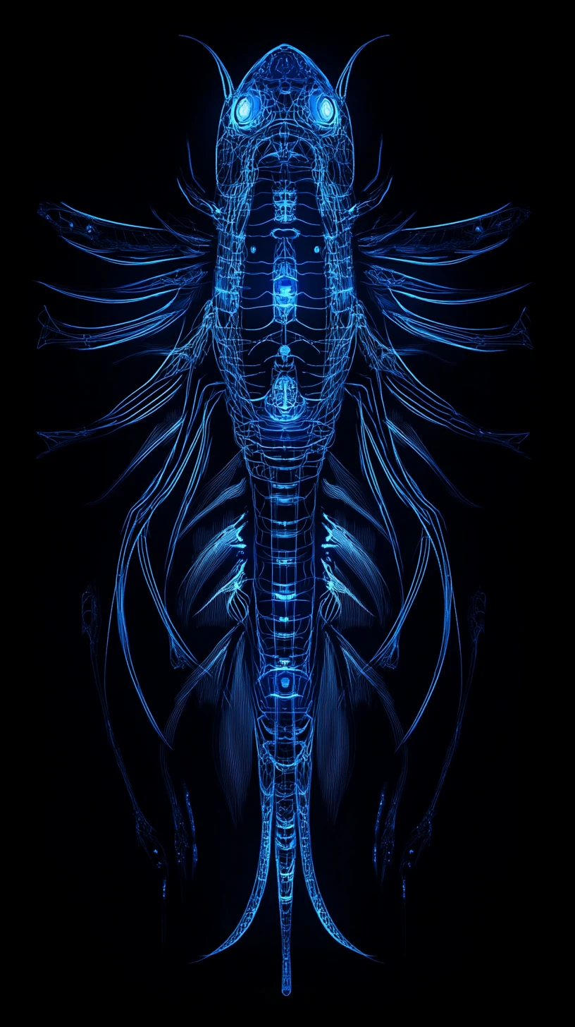 Line art blu elettrico brillante di una singola creatura fantasy