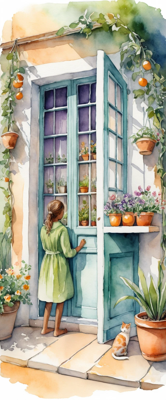 Curvy girl watering spring flowers from a cozy kitchen