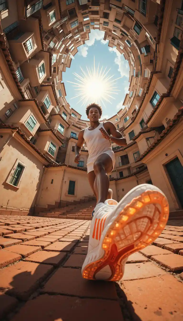 Coureur brésilien sprintant sur des toits méditerranéens baignés de soleil