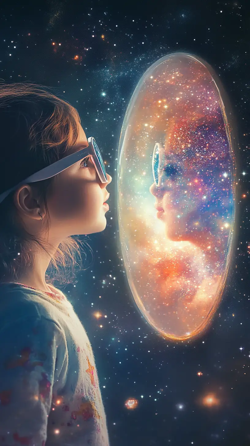 Enfant contemplant une bulle-miroir cosmique remplie d’étoiles