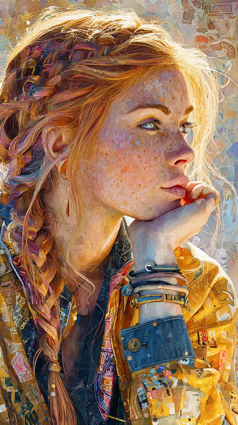 Watercolor portrait of a radiant woman in golden afternoon