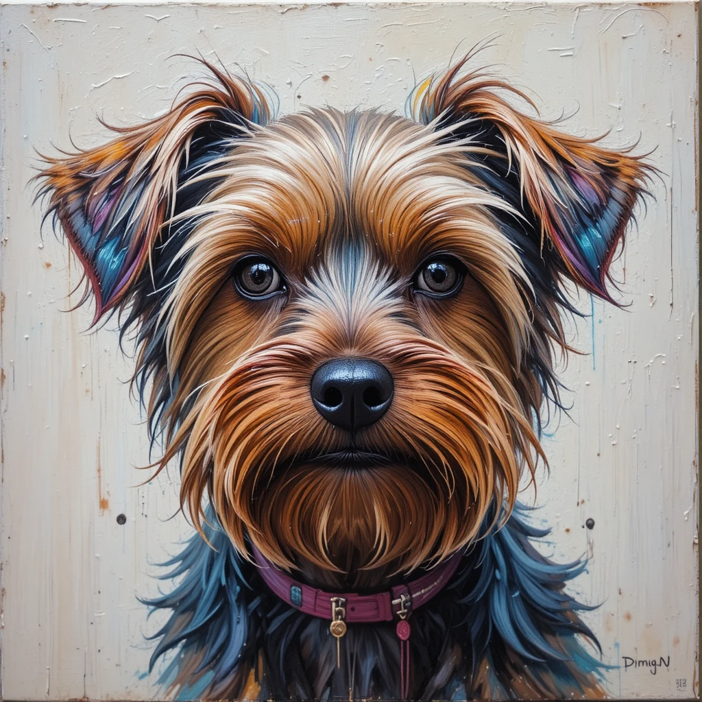 Pintura em acrílico de um pequeno cão Yorkshire com cores intensas