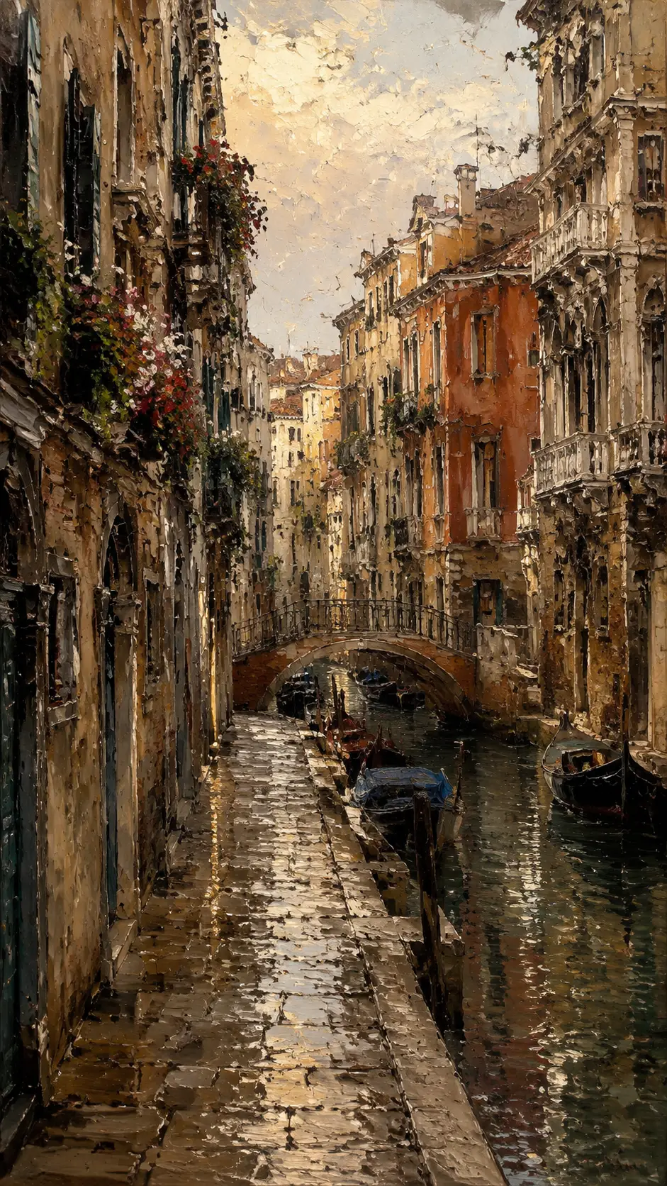 Narrow Old Venice Street In Detailed Oil Painting