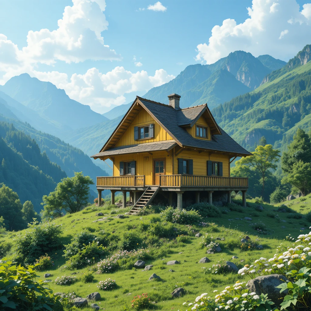 Casa amarela em montanhas verdes exuberantes em estilo anime