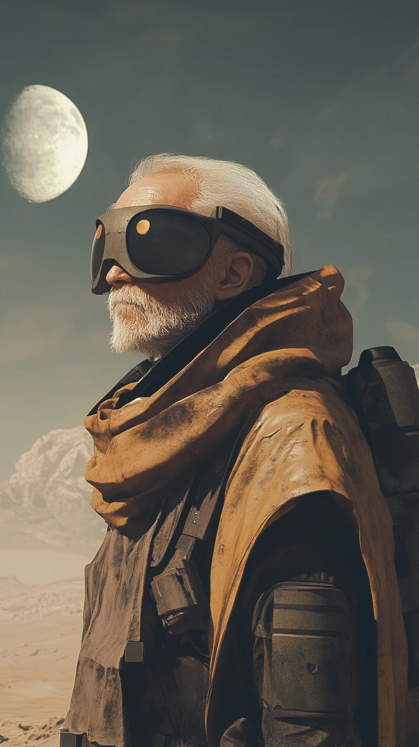 Vagabundo sci‑fi calvo de pie solo en un vasto desierto