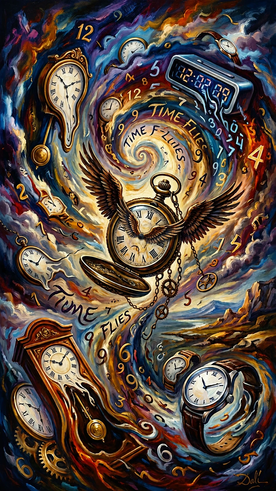 Surreal pocket watch with eagle wings in swirling time vortex
