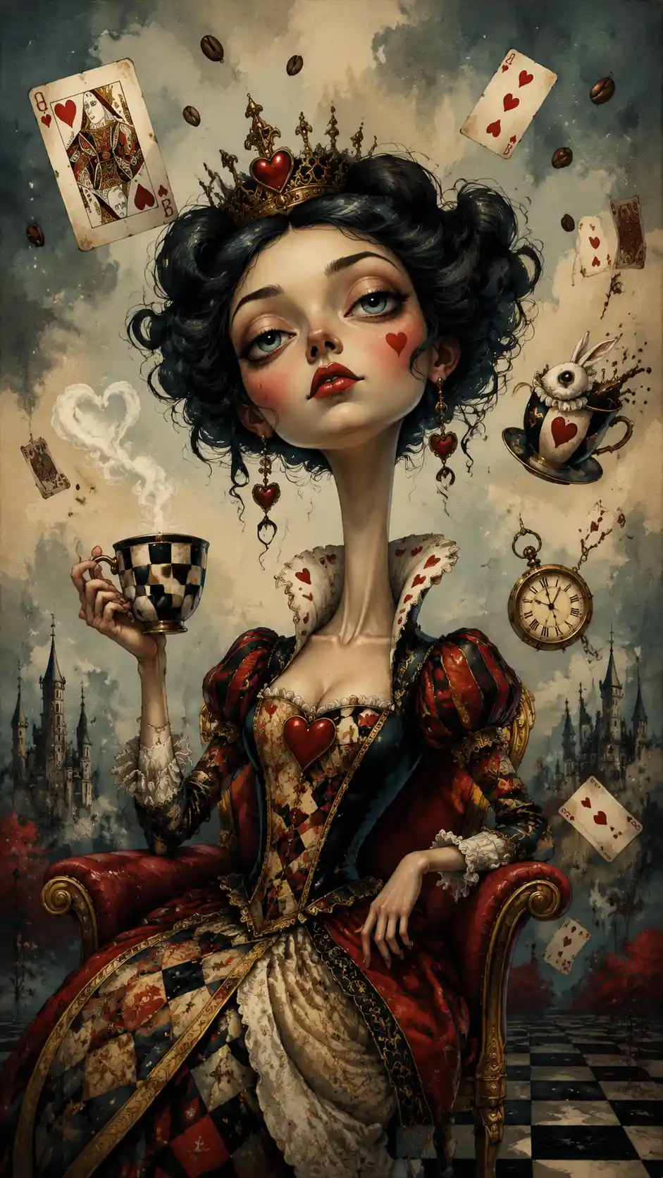 Surreal queen illustration with magical coffee dreamscape