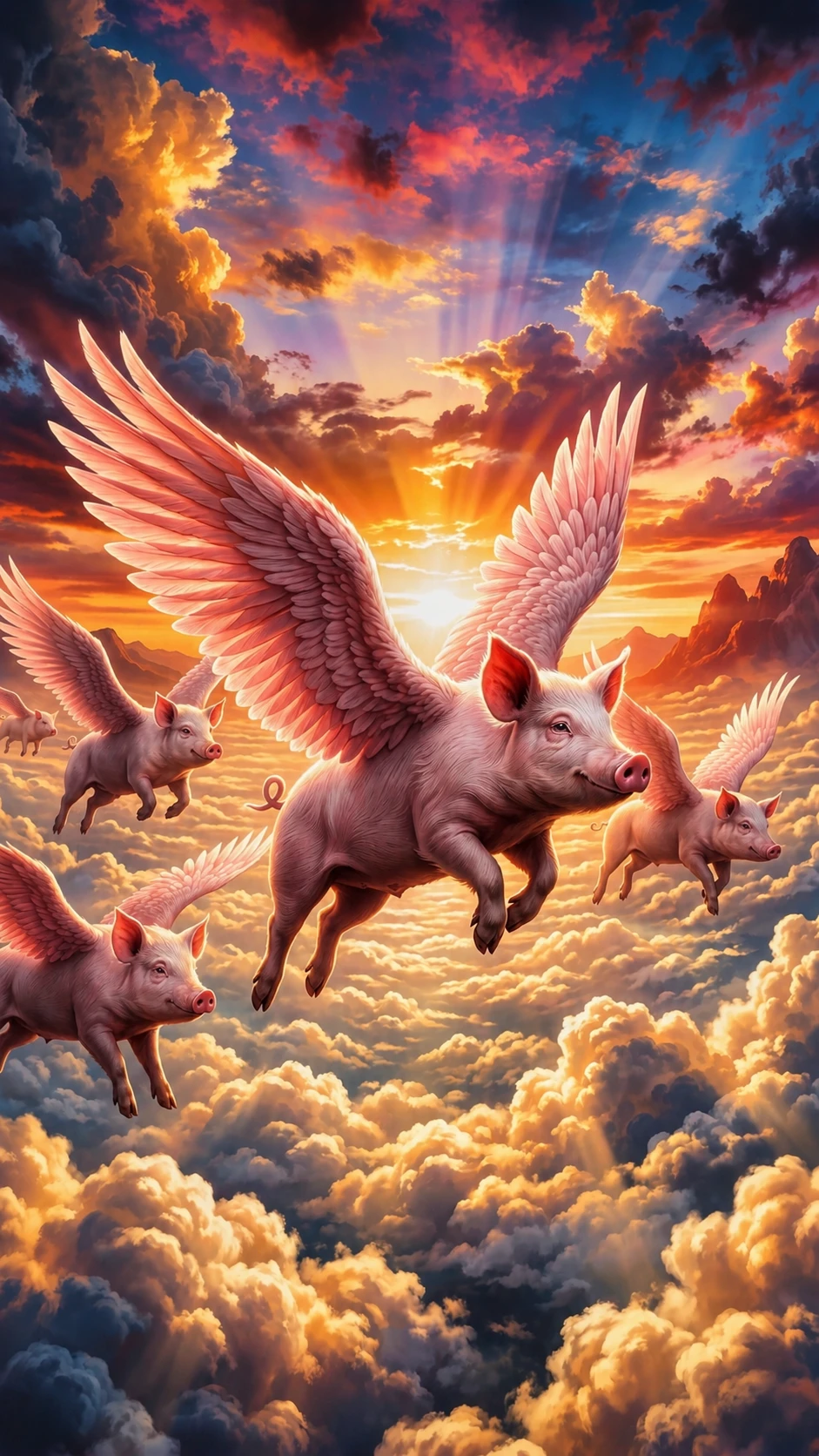 Porcos anjos voando em um céu de pôr do sol de fantasia brilhante