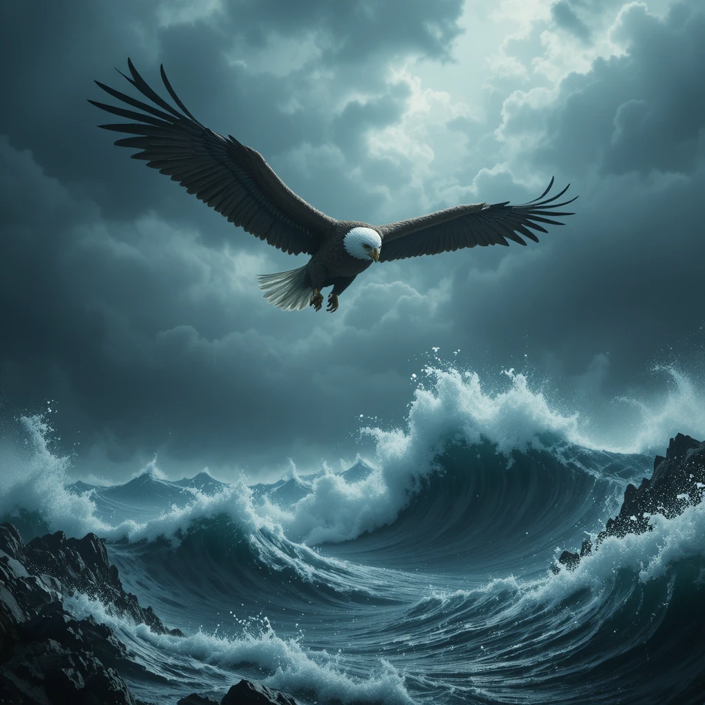 Águila Sobrevolando Olas Colosales Bajo un Cielo Tormentoso