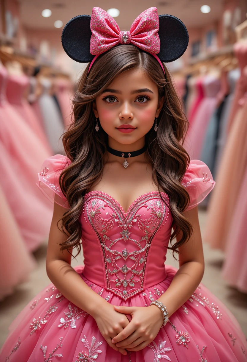Pré-adolescente nervosa em vestido de princesa da Minnie Mouse rosa choque