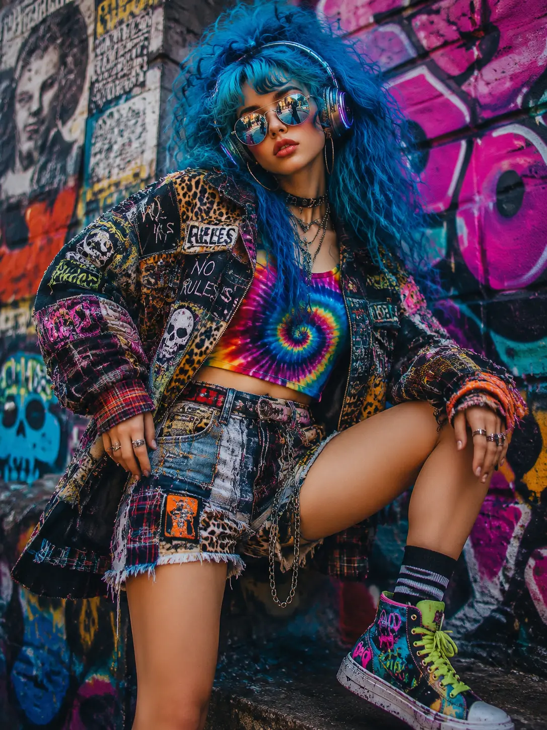 Bold fashion rebel posing in neon urban streetwear