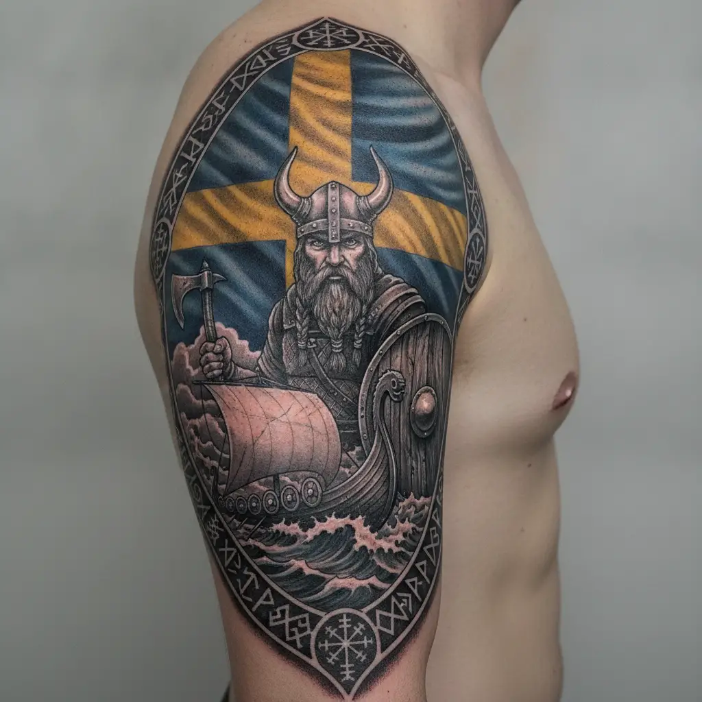Wikingerkrieger-Tattoo mit Schiff und schwedischer Flagge im Hintergrund