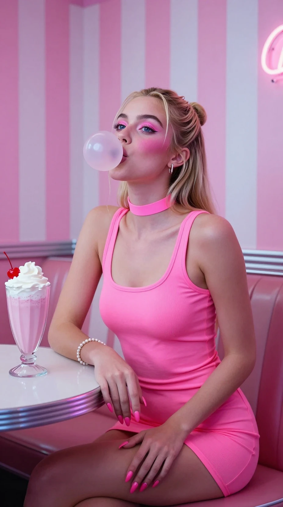 Mulher loira assoprando chiclete em lanchonete neon rosa