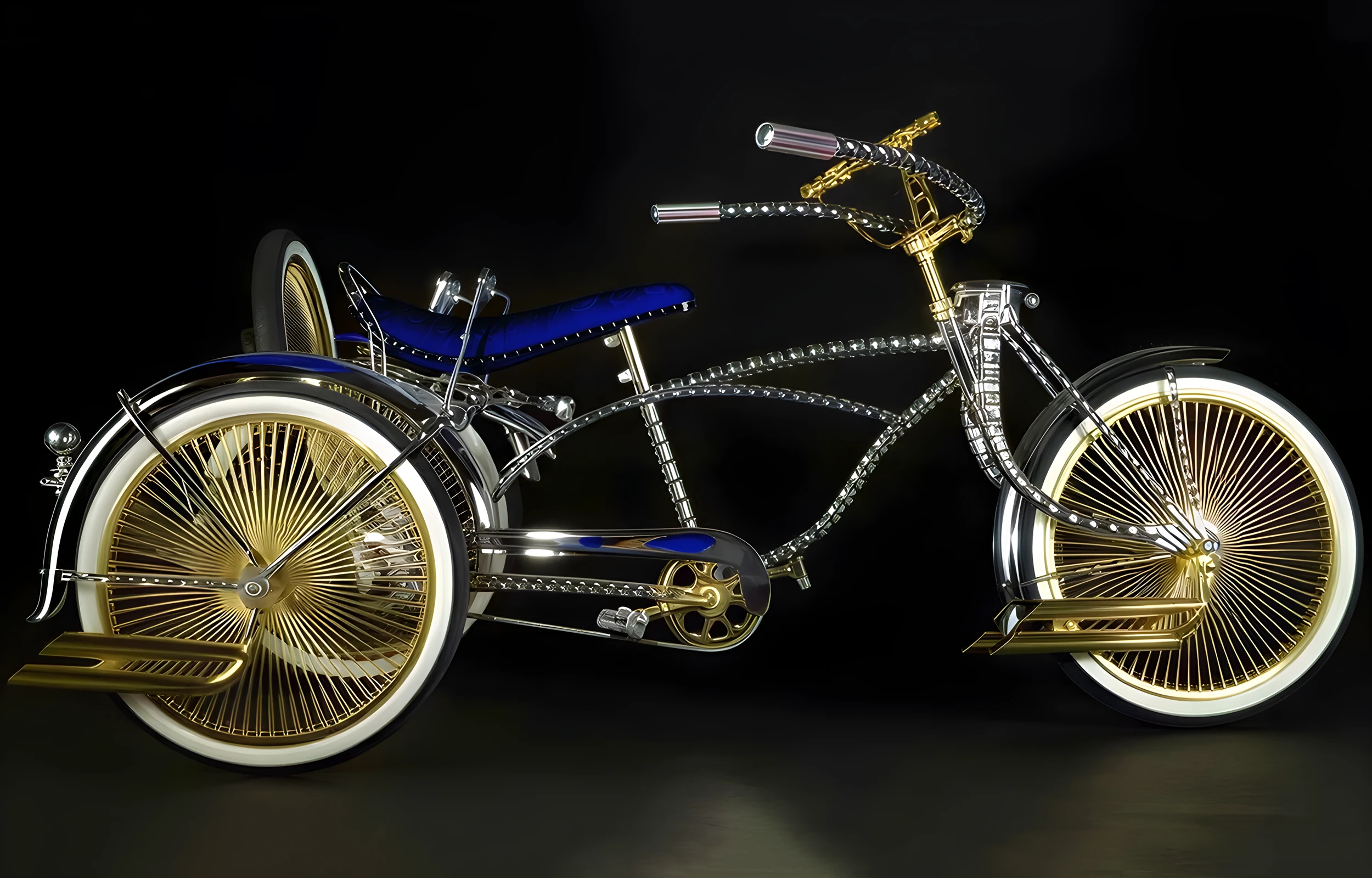 金色のディテールと青いシートを備えたカスタムクロームローライダーバイク