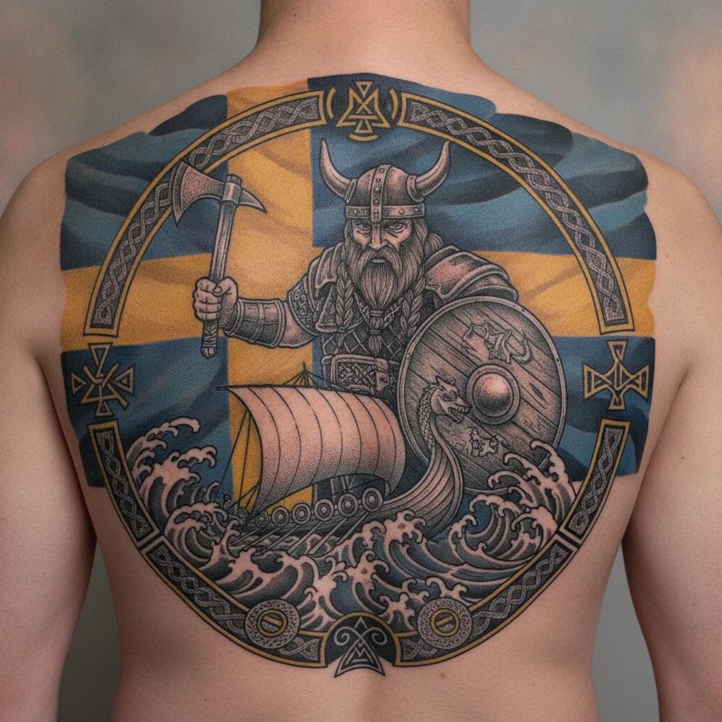 Tatuagem de guerreiro viking com navio e bandeira da Suécia ao fundo